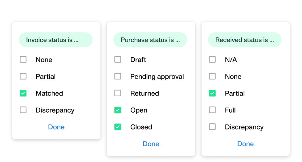 Illustrations of the new filters, which you can use in your purchase orders process